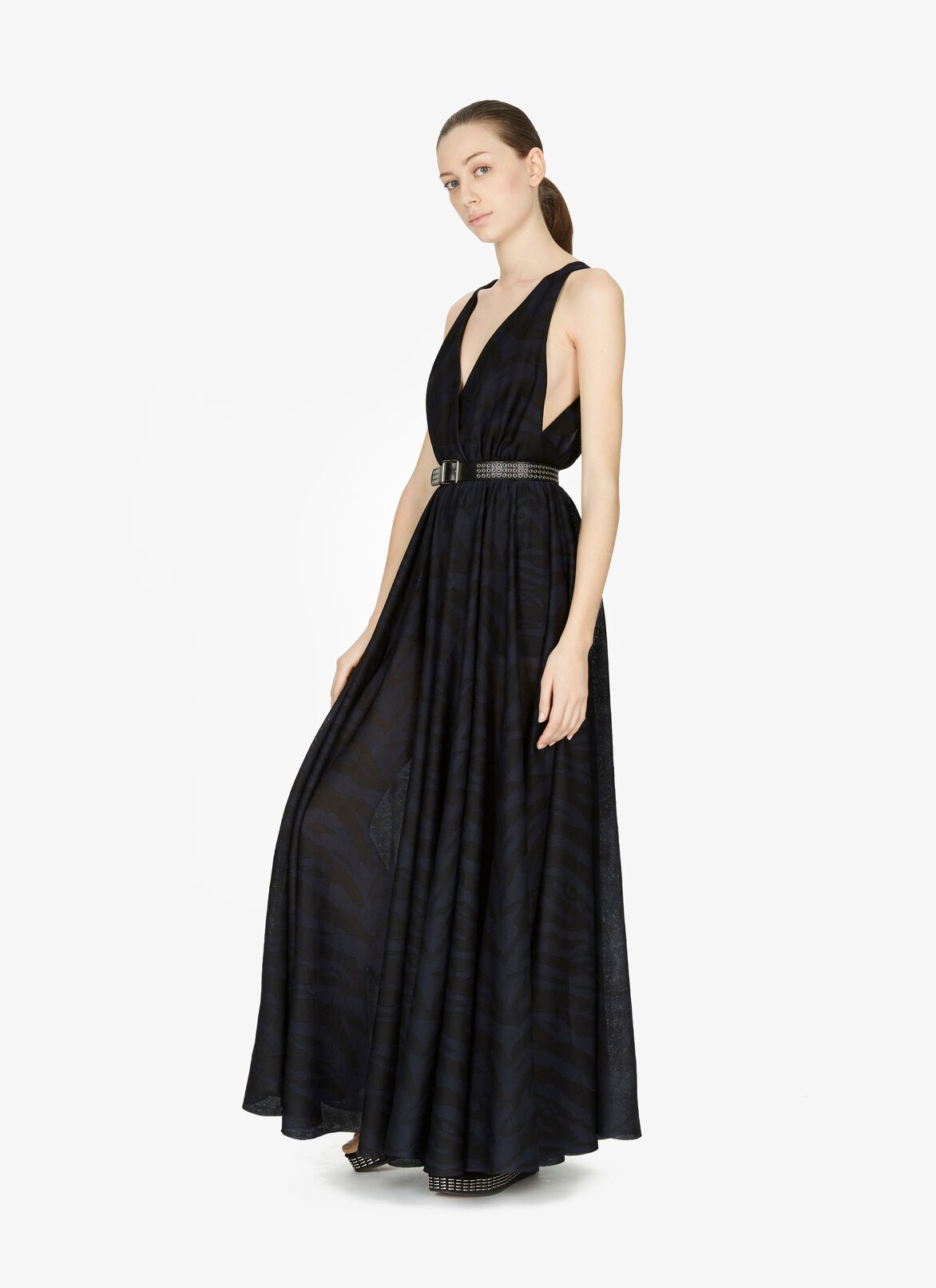 Silk-Blend Zebra Dress ALAÏA BLACK/BLUE SILK-BLEND ZEBRA DRESS